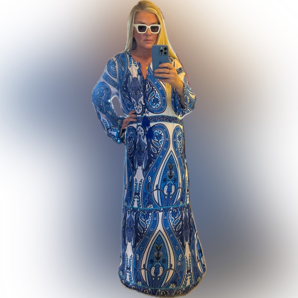 Bleu Baby Silk Maxi Dress In Mixed Media Designed In Italy - Picture 3 of 8